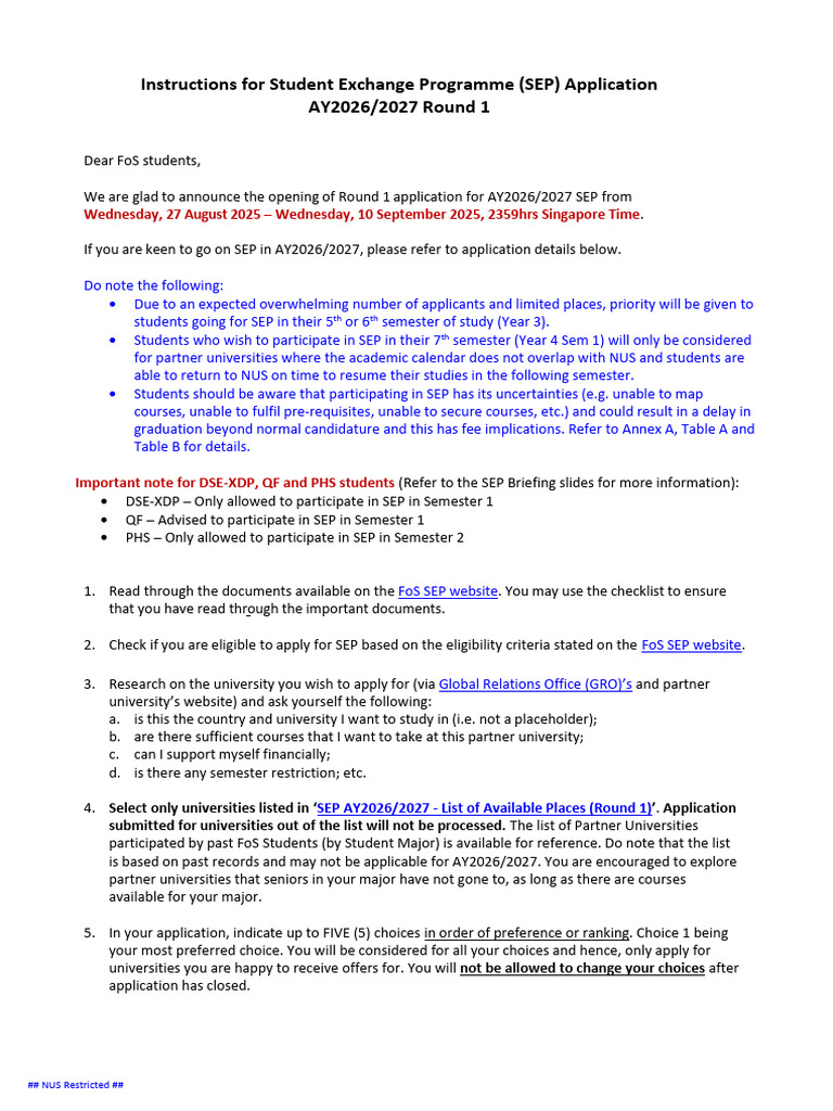 NUS SEP Application Guide AY2026/2027 | PDF | Academia | Higher Education
