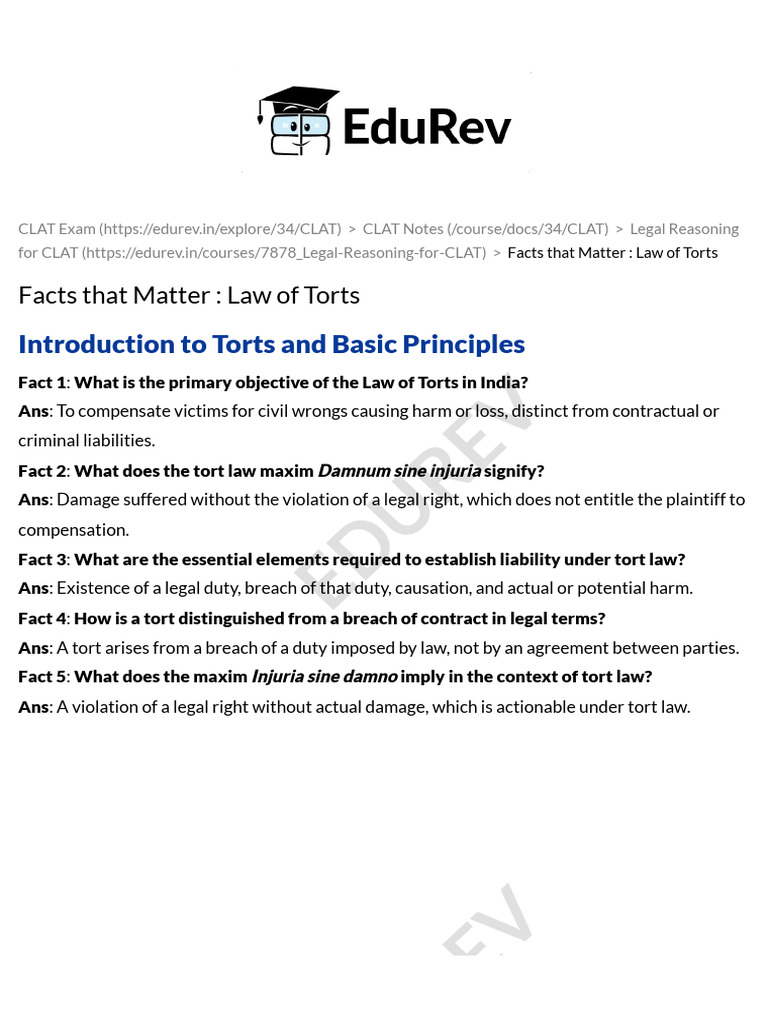 Facts that Matter _ Law of Torts - Legal Reasoning for CLAT PDF ...
