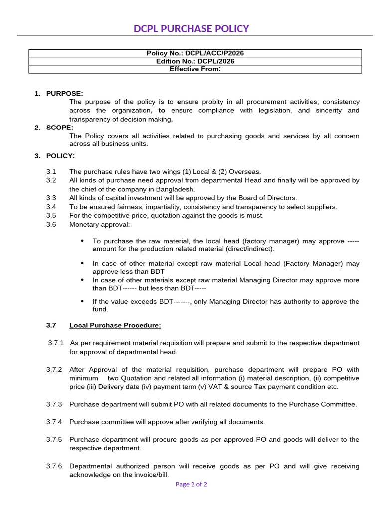 Purchase Policy | PDF | Payments | Money