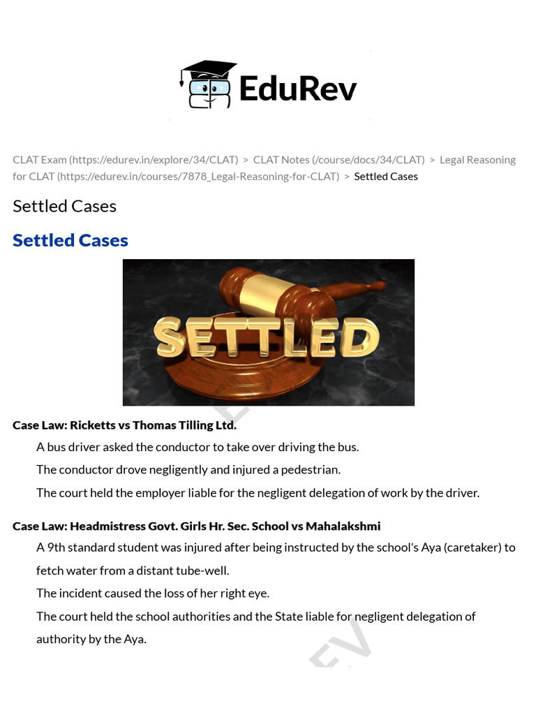 Settled Cases - Legal Reasoning for CLAT PDF Download | PDF | Legal ...