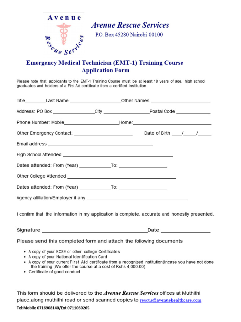 EMT-1 Training Course Application Form | PDF