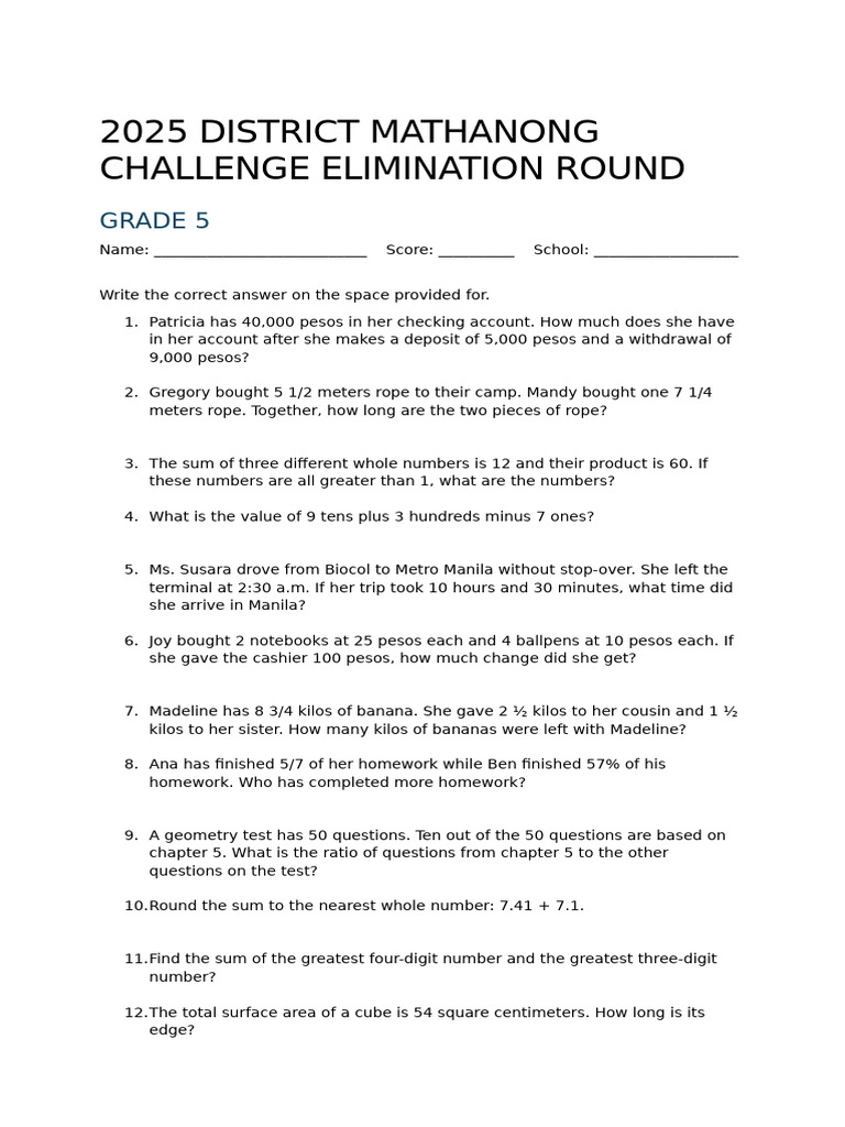 Grade 5 Math Challenge Questions | PDF | Area | Euclidean Geometry