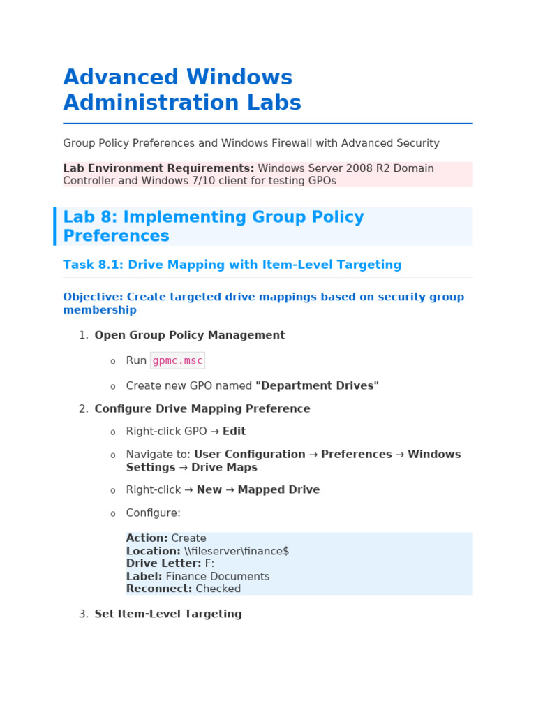Windows Admin Labs: GPO & Firewall Setup | PDF | Group Policy | Windows ...