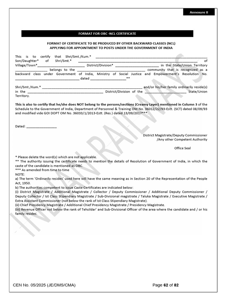 OBC-NCL Certificate Format for Government Jobs | PDF | Social ...