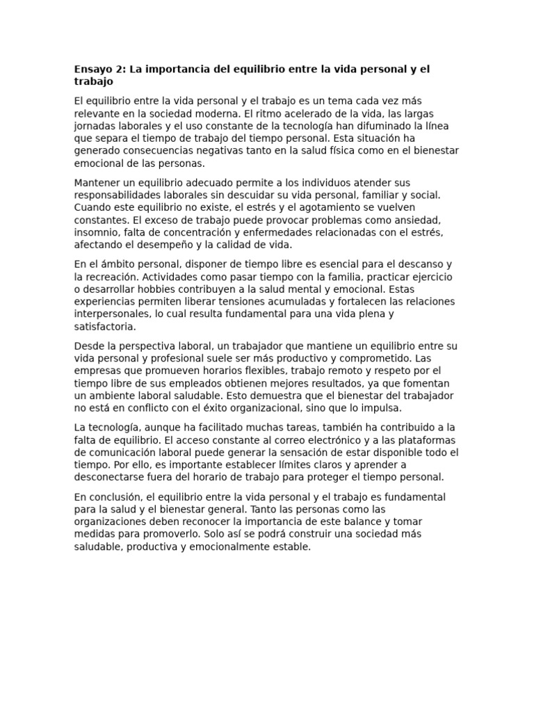 La Importancia Del Equilibrio Entre La Vida Personal y El Trabajo | PDF