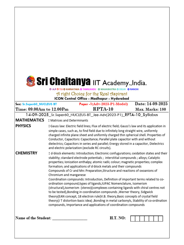 JEE Advanced 2023 Model Paper - Sri Chaitanya | PDF | Capacitor ...