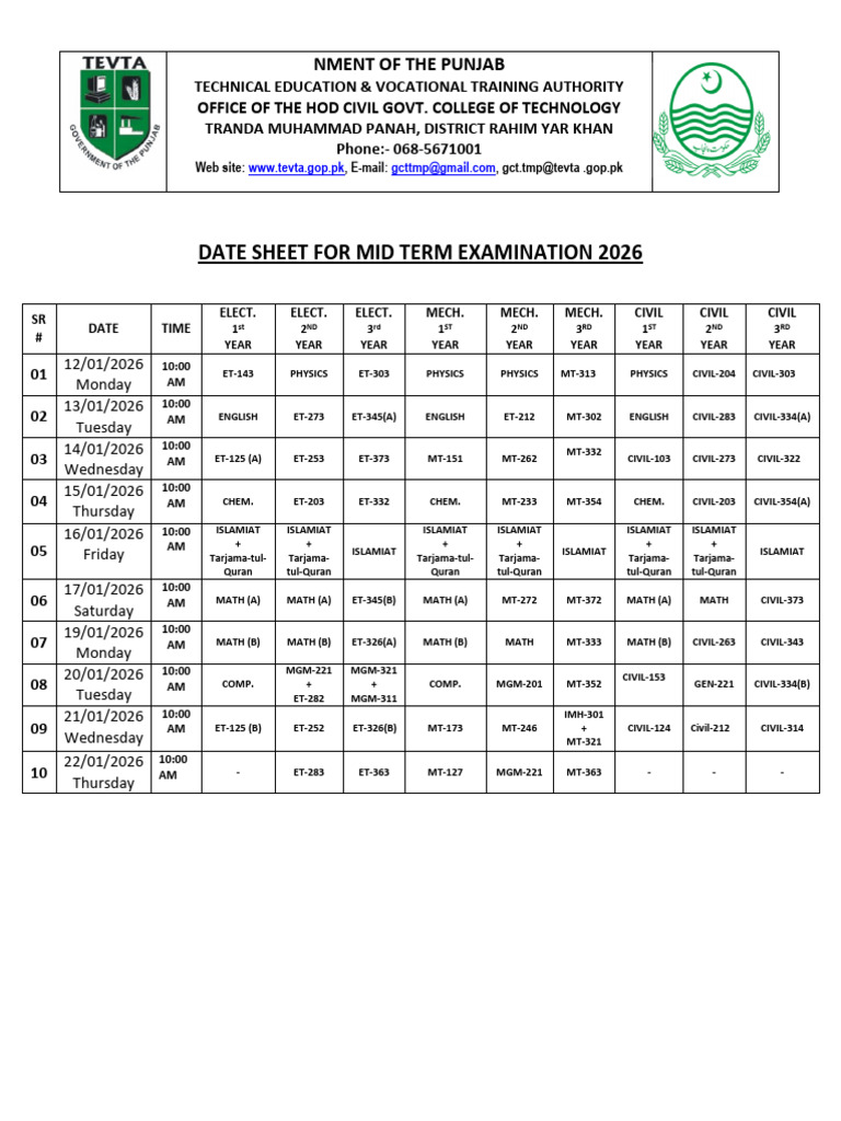 Mid Term Exam Date Sheet 2026 | PDF