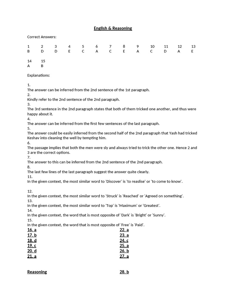 English Reasoning and Aptitude Answers | PDF | Chess | Chess Theory