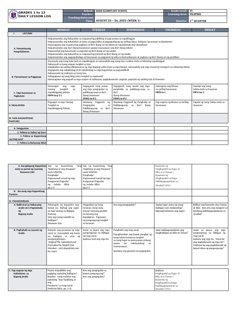 DLL - FILIPINO 6 - Quarter 1 Week 1 | PDF