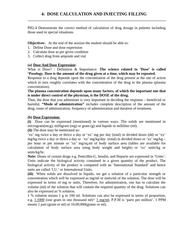 Drug Dose Calculation and Injection Techniques | PDF | Dose ...
