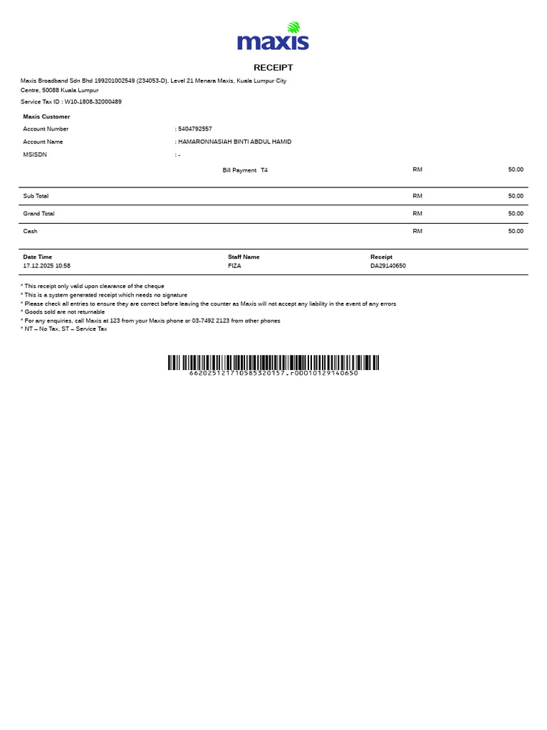 Maxis Broadband Payment Receipt | PDF