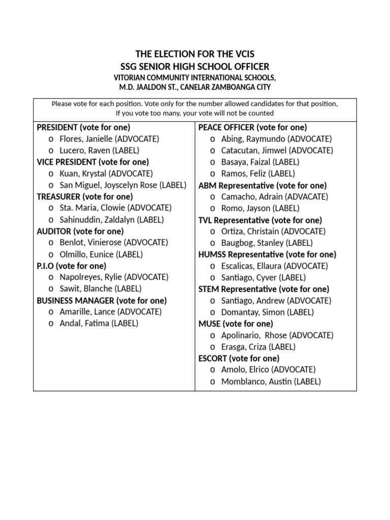 VCIS Senior High School Election Guide | PDF