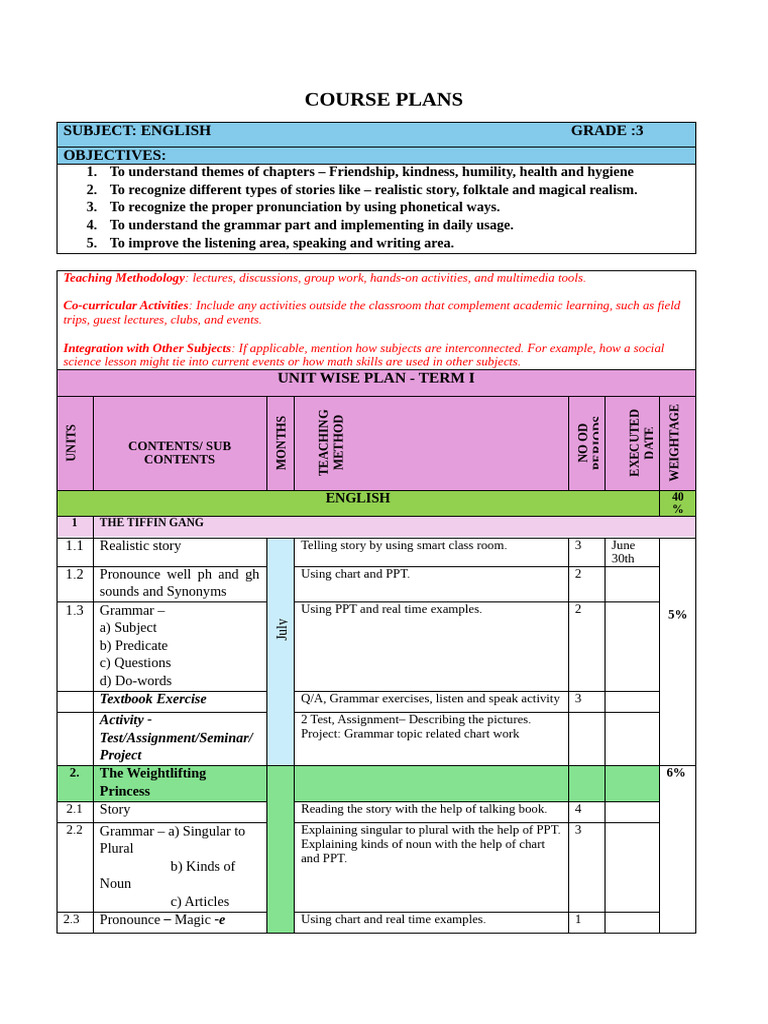 I TERM - COURSE PLAN -ENGLISH | PDF | Lecture | Linguistics