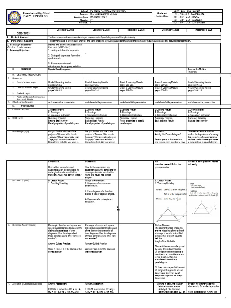 Daily Lesson Log for Grade 9 Math | PDF | Rectangle | Geometry