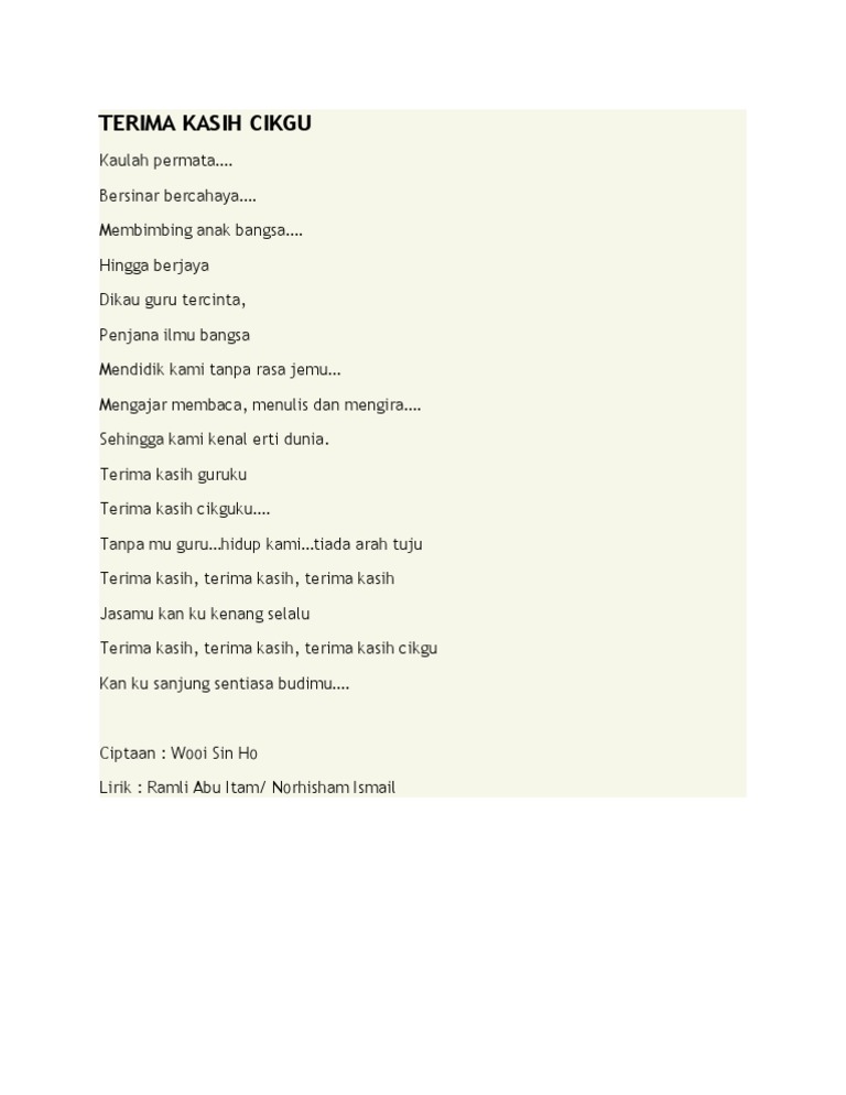 Terima Kasih Cikgu Lirik Pdf