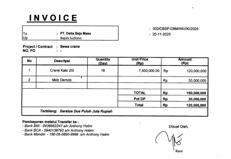 Invoice 002 Sewa Crane | PDF