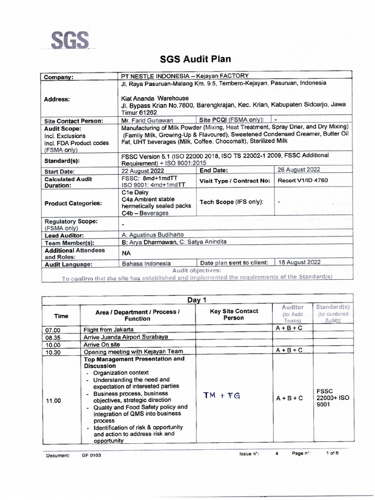 Sgs Schedule FSSC 22000 + Iso 9001 Audit | PDF
