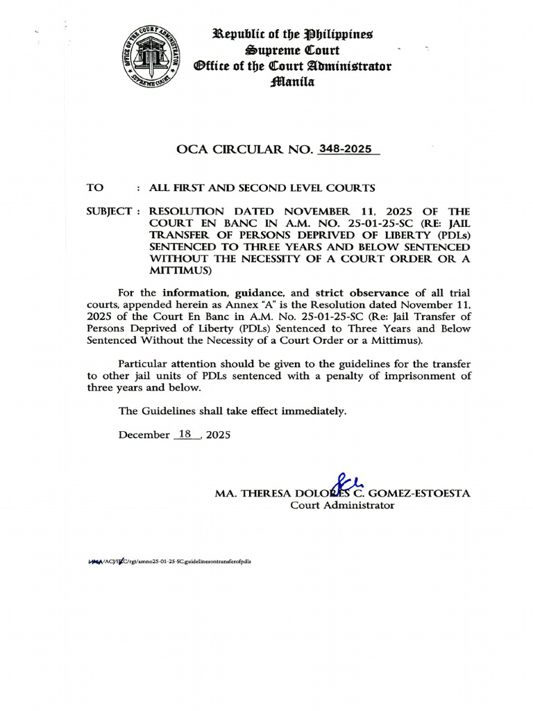 Jail Transfer Guidelines for PDLs Under 3 Years | PDF