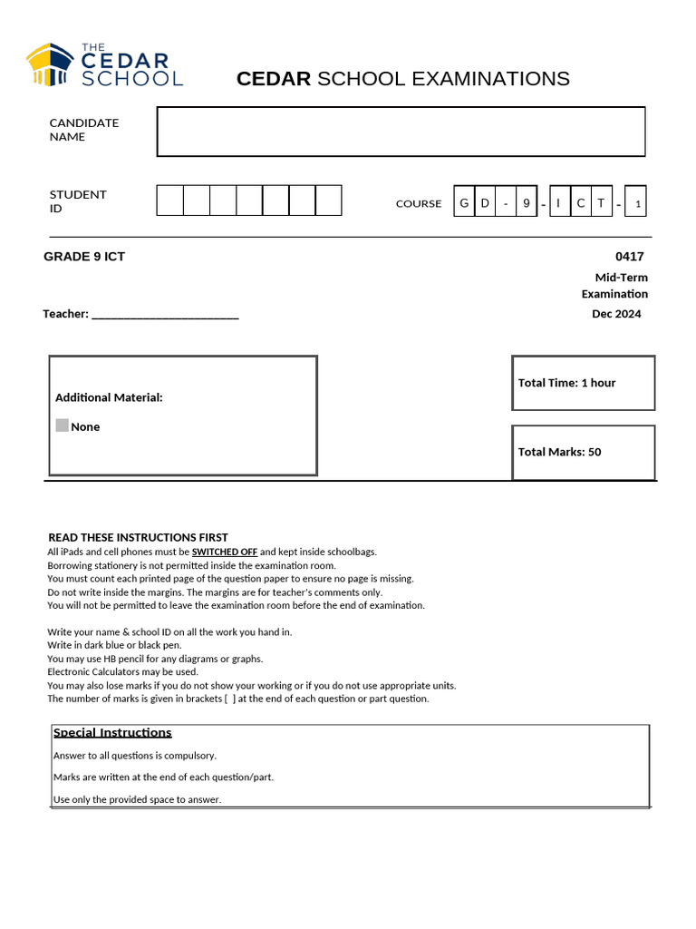 Grade 9 ICT Mid-Term Exam 2024 | PDF | Educational Technology ...