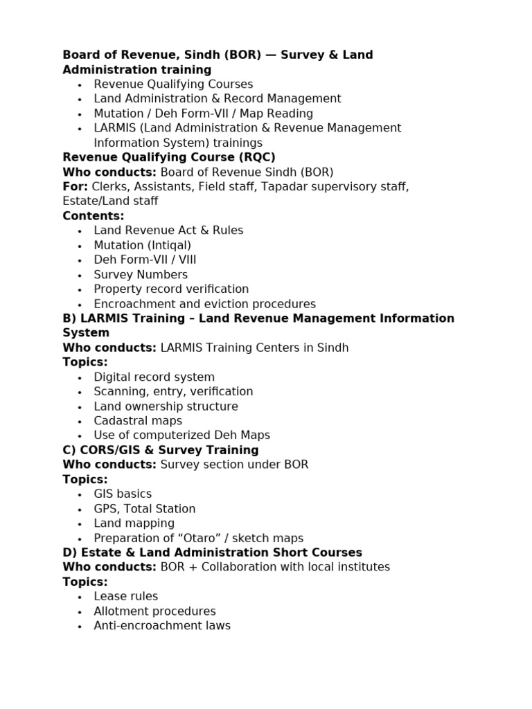 Sindh Land Administration Training Courses | PDF