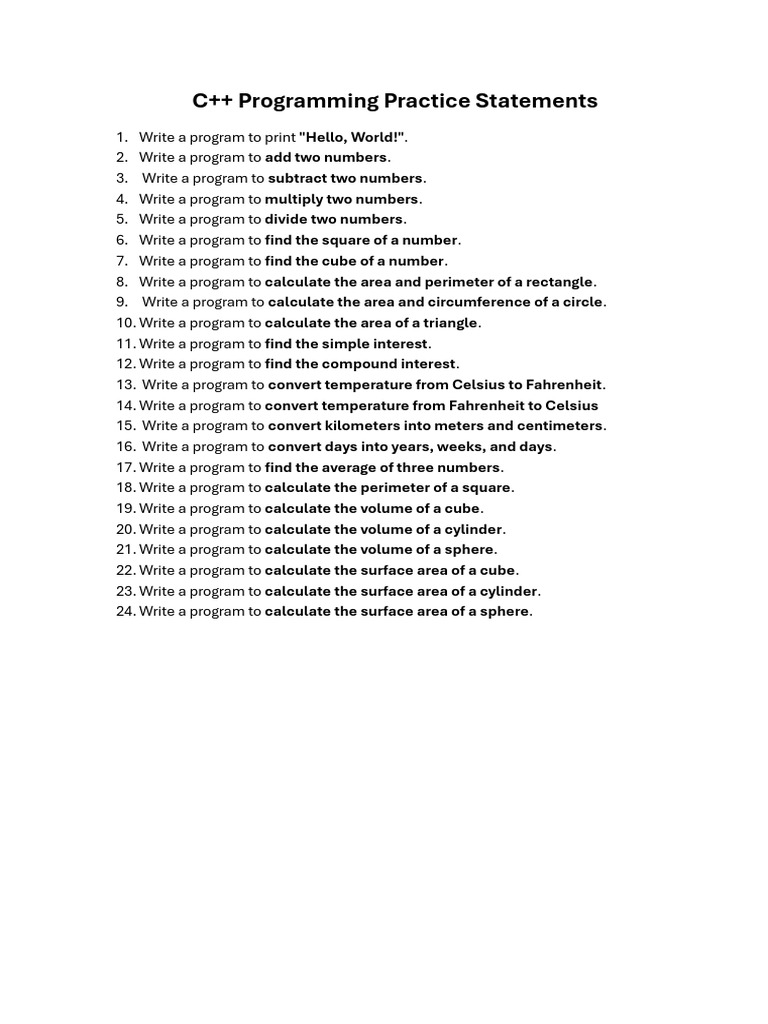 C++ Programming Practice Exercises | PDF