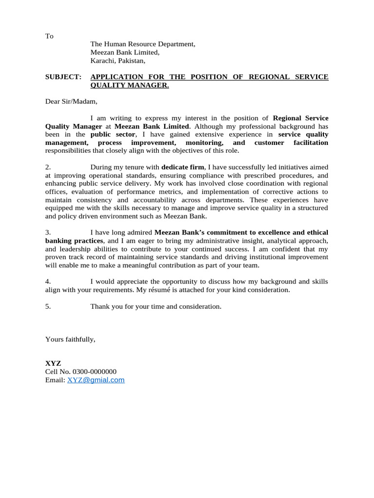 Application for Regional Service Quality Manager | PDF