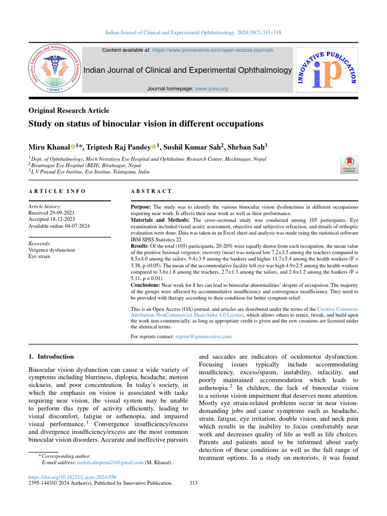 Binocular Vision Dysfunction by Occupation | PDF | Ophthalmology | Light