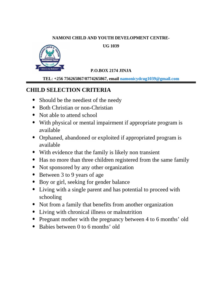 Child Selection Criteria for Namoni Centre | PDF