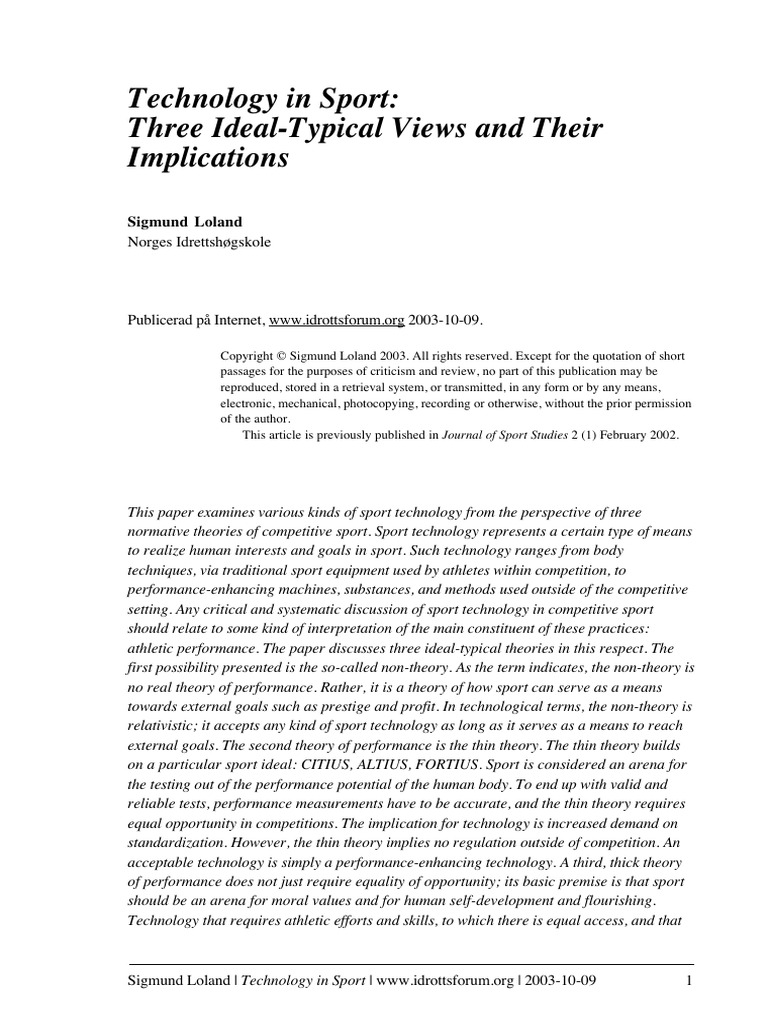 Technology in Sport Three Ideal-typical Views and | PDF | Theory | Risk