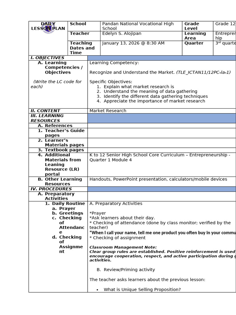 Grade 12 Market Research Lesson Plan | PDF | Focus Group | Marketing ...