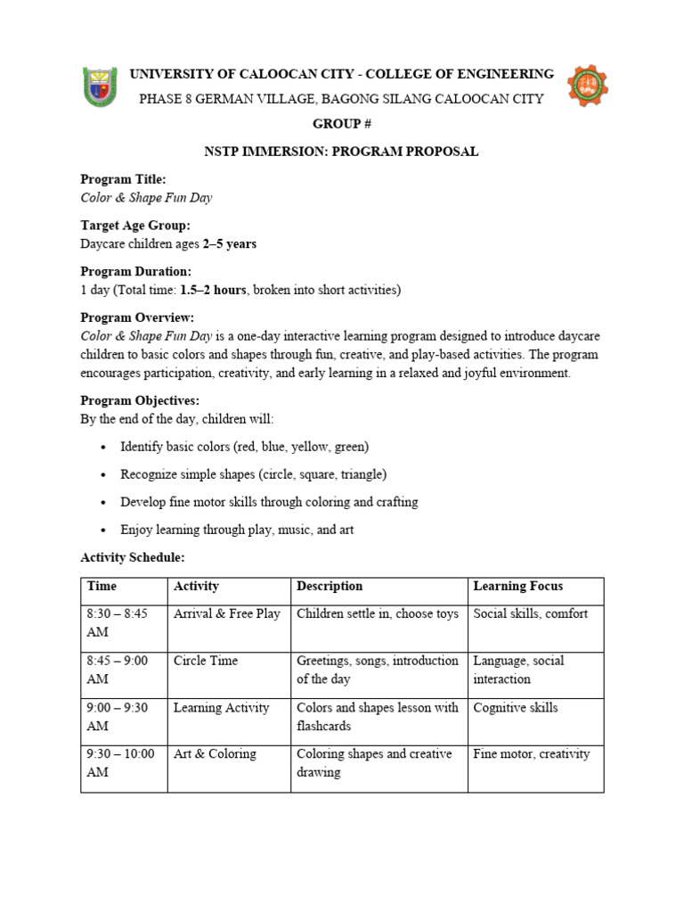 Color & Shape Fun Day Program Proposal | PDF | Learning | Cognition
