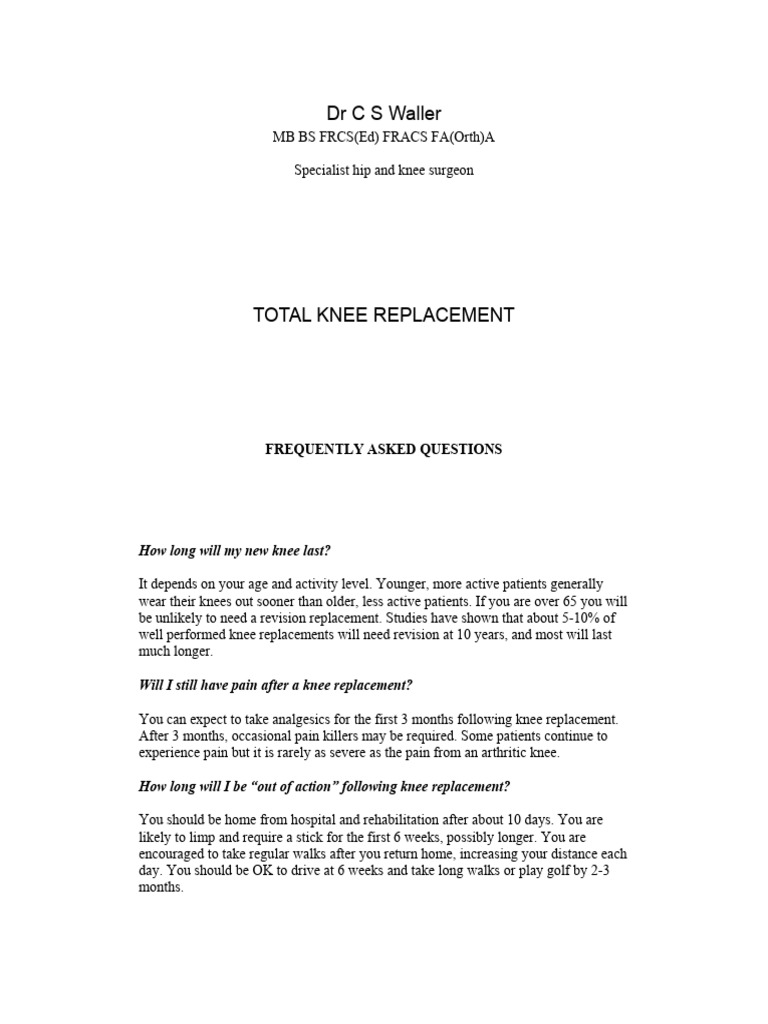 Total Knee Replacement FAQs Guide | PDF | Anesthesia | Medical Specialties