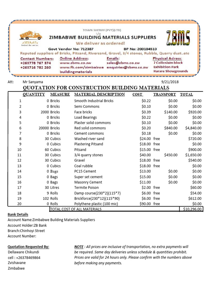 Building Materials Quotation 2018 | PDF | Brick | Building Materials