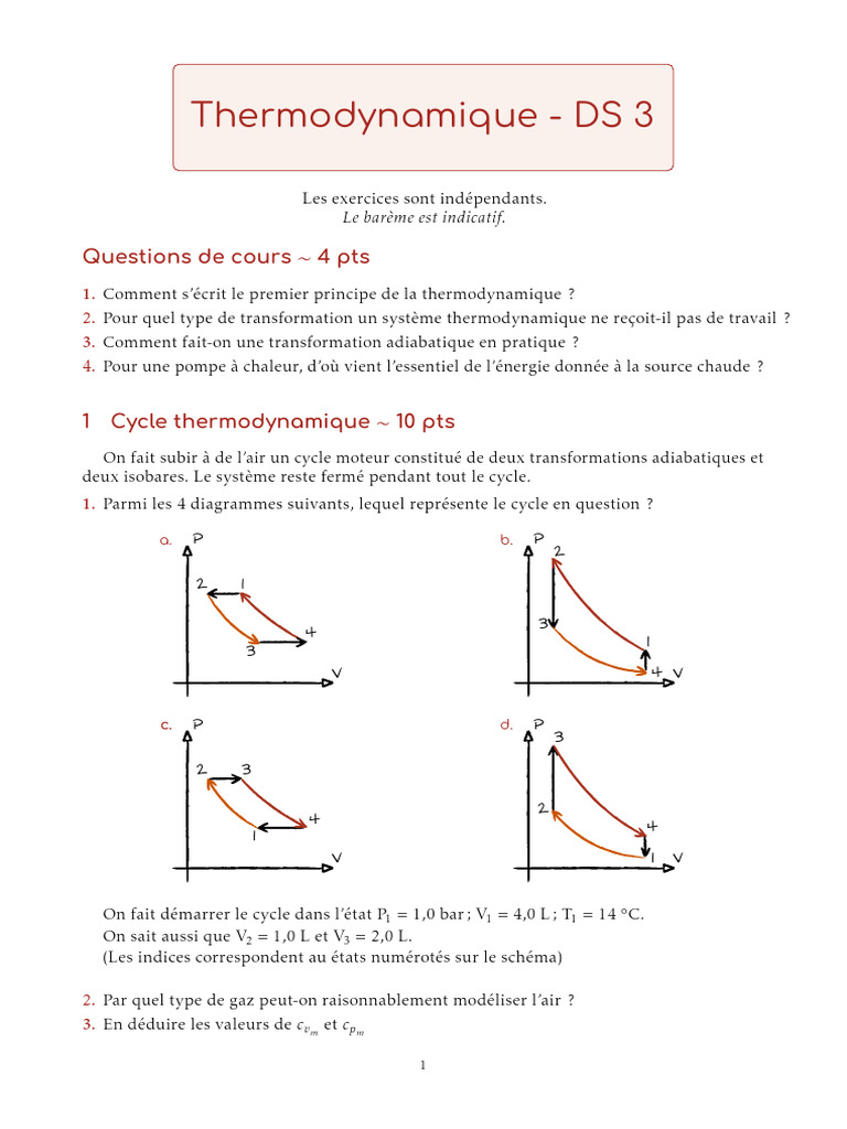 Exercices de thermodynamique et cycles | PDF | Réfrigérateur | Chaleur