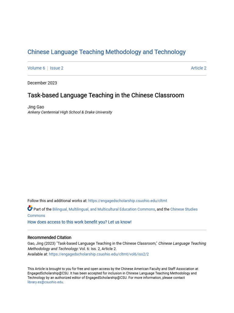 Task-Based Teaching in Chinese Classrooms | PDF | Language Education ...