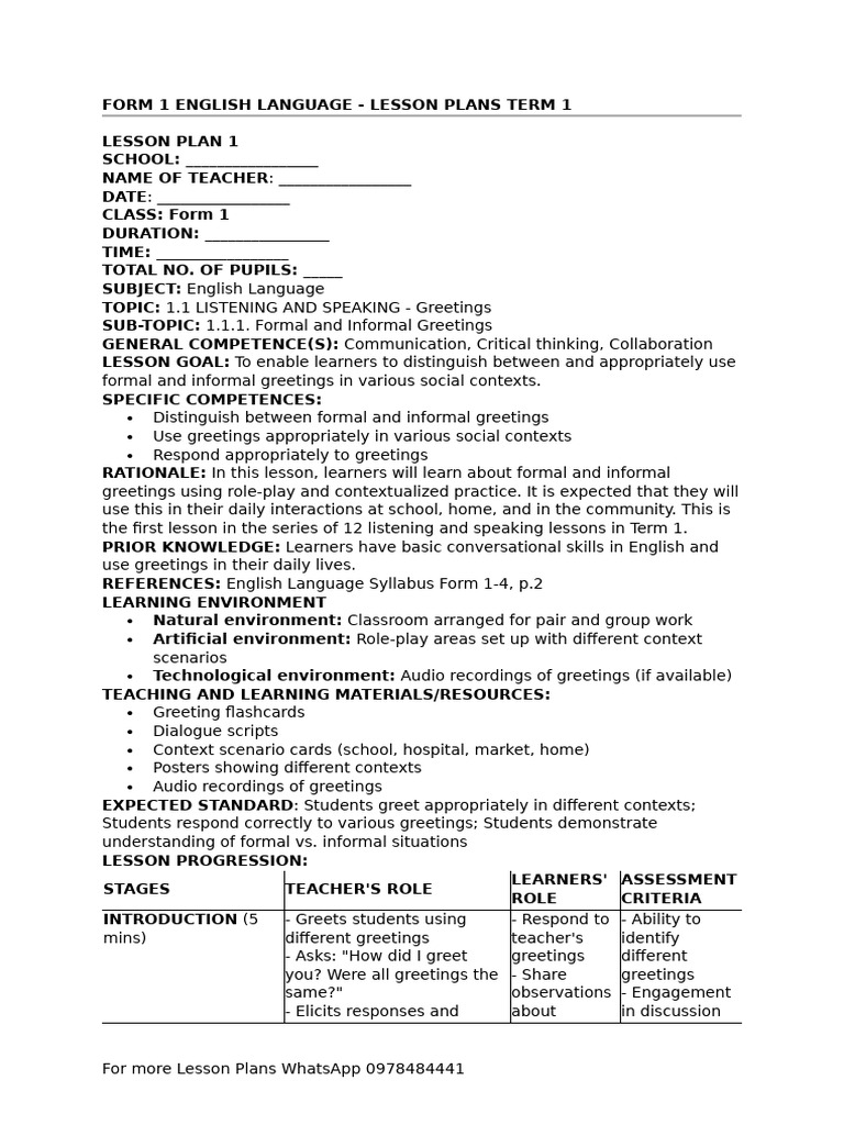 Form 1 English Lesson Plans: Greetings | PDF | Lesson Plan | Learning