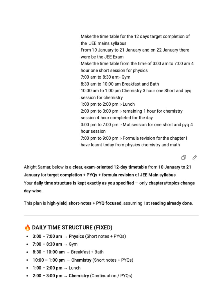 12-Day JEE Mains Study Timetable | PDF | Chemistry | Physics