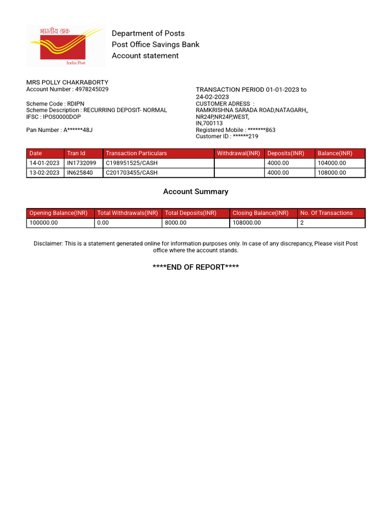 Post Office Savings Bank Statement | PDF