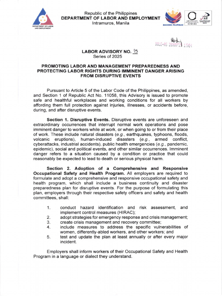 Labor Advisory on Workplace Safety Measures | PDF | Employment ...