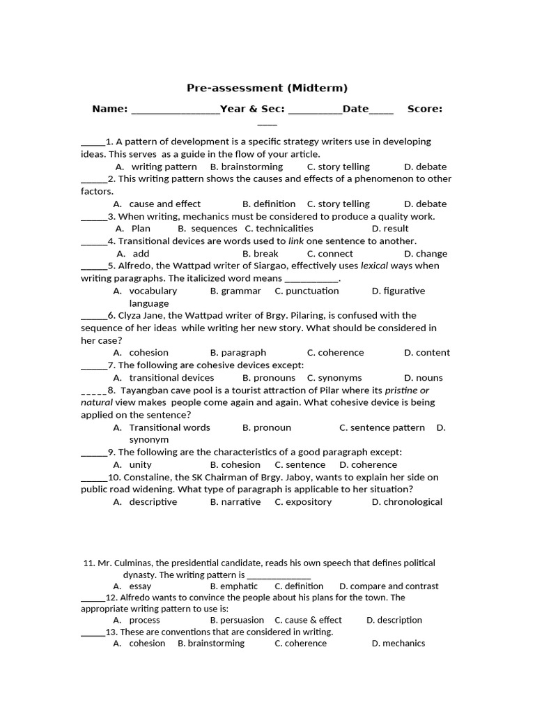 Midterm Writing Patterns Assessment | PDF | Linguistics | Human ...