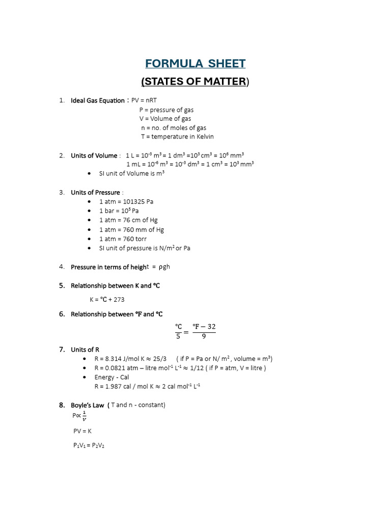 States of Matter Formula Sheet | PDF | Gases | Mole (Unit)