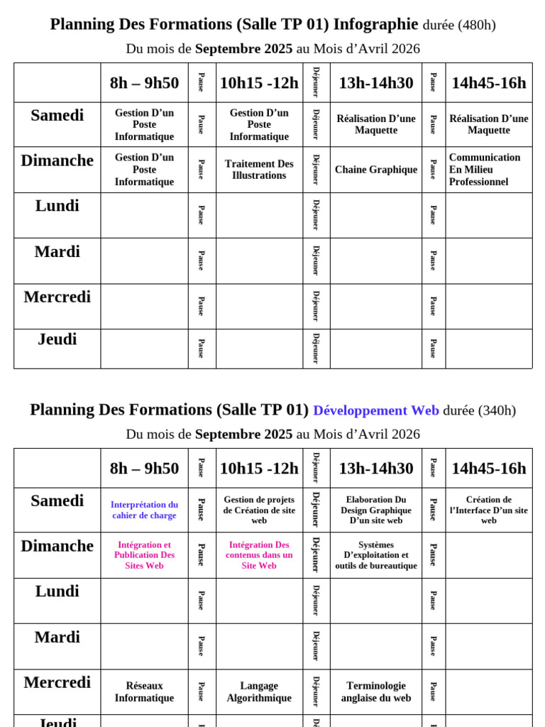 Planning Formations 2025-2026 Infographie et Web | PDF | Informatique ...