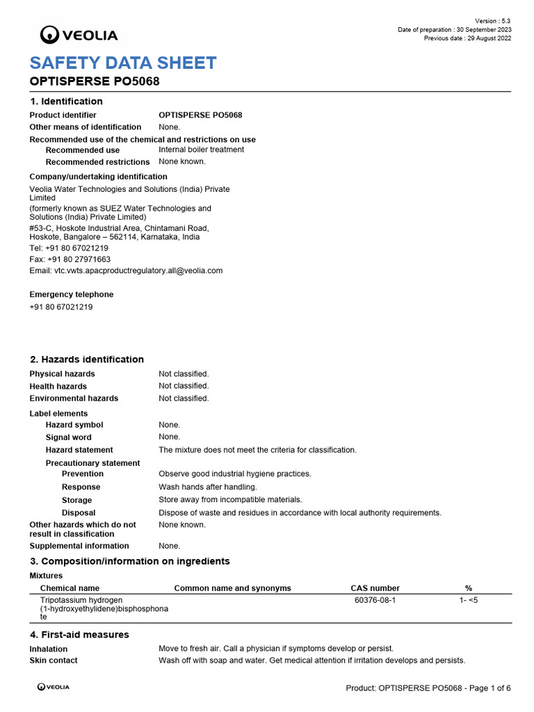 Safety Data Sheet for OPTISPERSE PO5068 | PDF