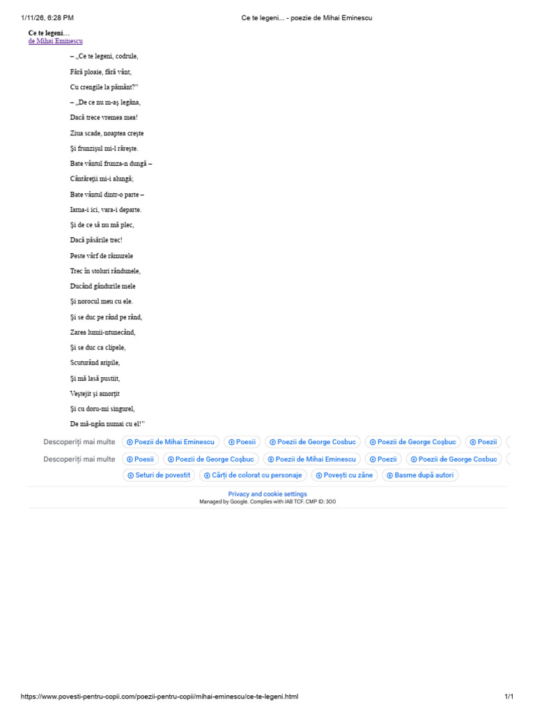 Ce Te Legeni... - Poezie de Mihai Eminescu | PDF