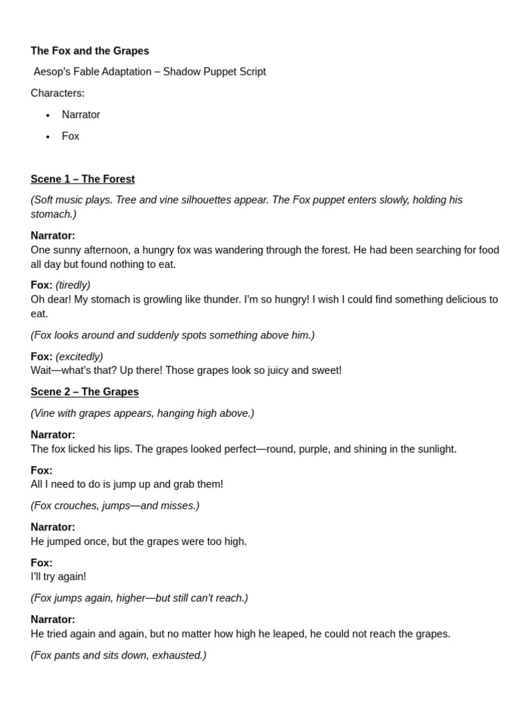 Fox and Grapes Shadow Puppet Script | PDF