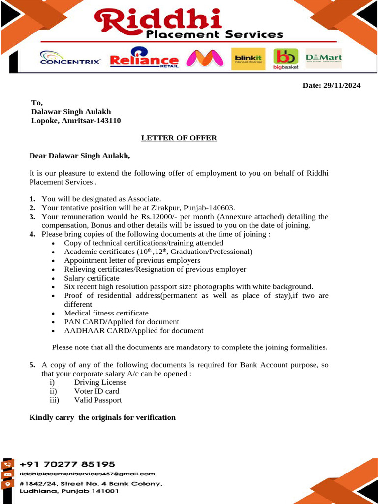Employment Offer Letter for Associate | PDF | Identity Document