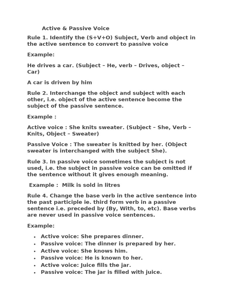 Active and Passive Voice Rules Guide | PDF | Subject (Grammar) | Verb