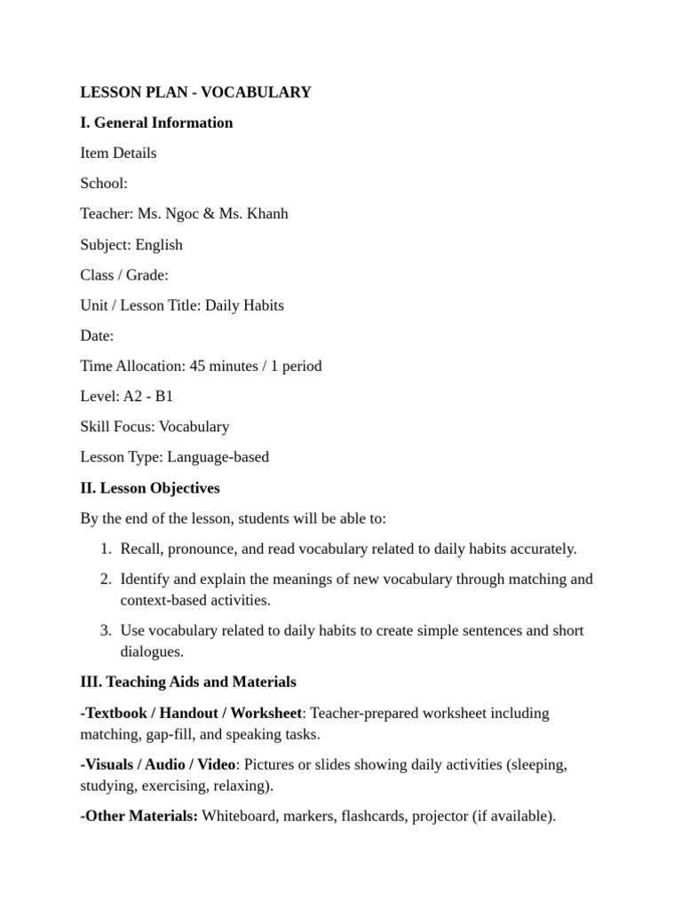 Daily Habits Vocabulary Lesson Plan | PDF | Vocabulary | Psychological ...