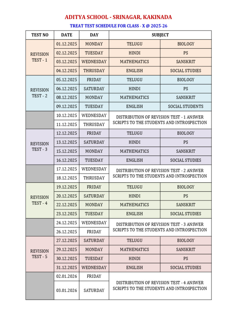 Class X Test Schedule 2025-26 | PDF