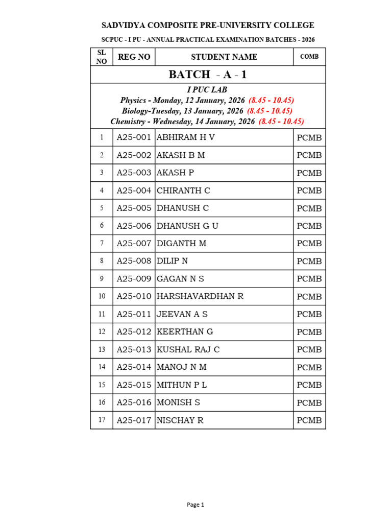 SCPUC Annual Practical Exam Schedule 2026 | PDF